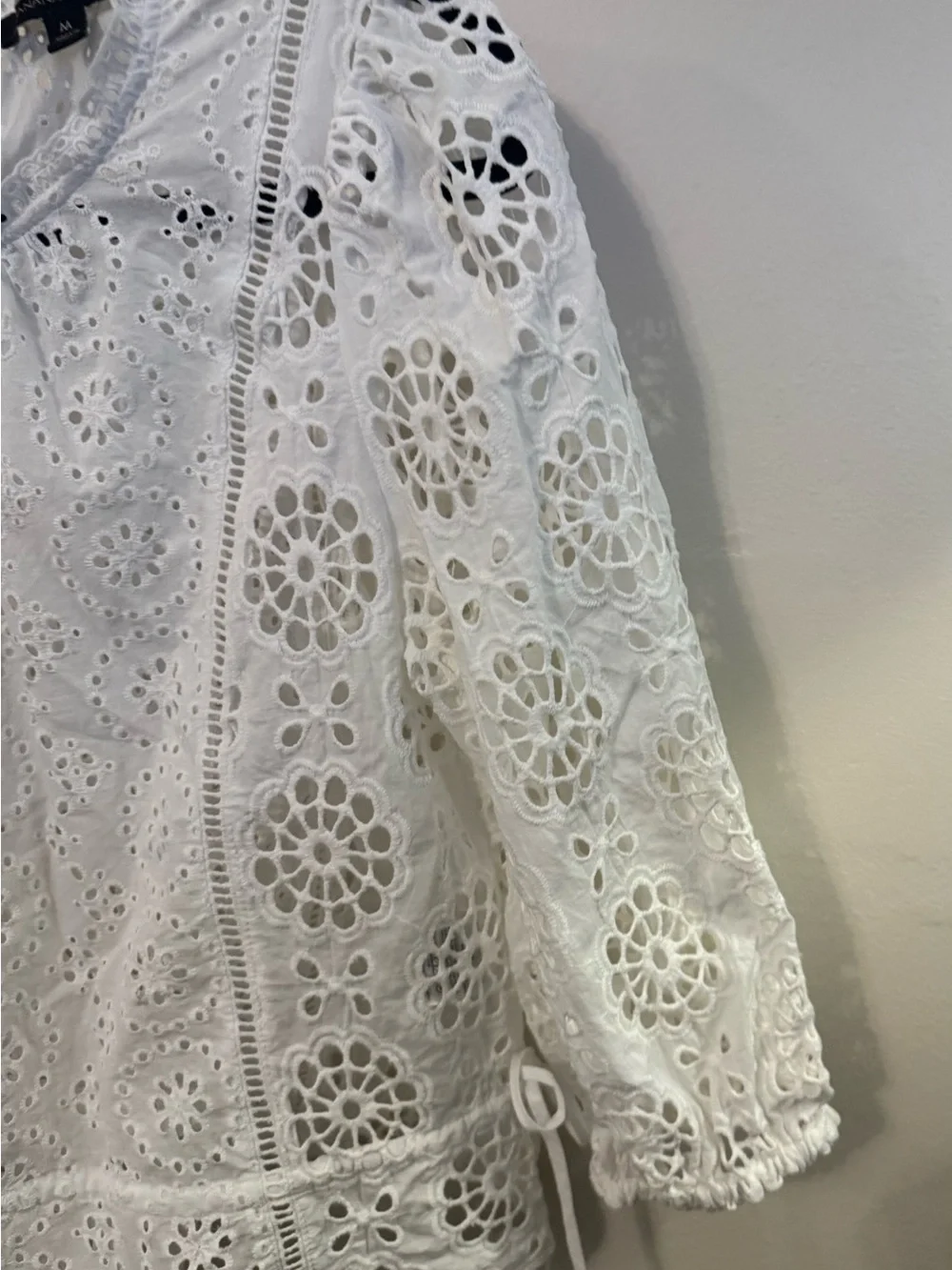 White Eyelet Lace Puff-Sleeve Blouse